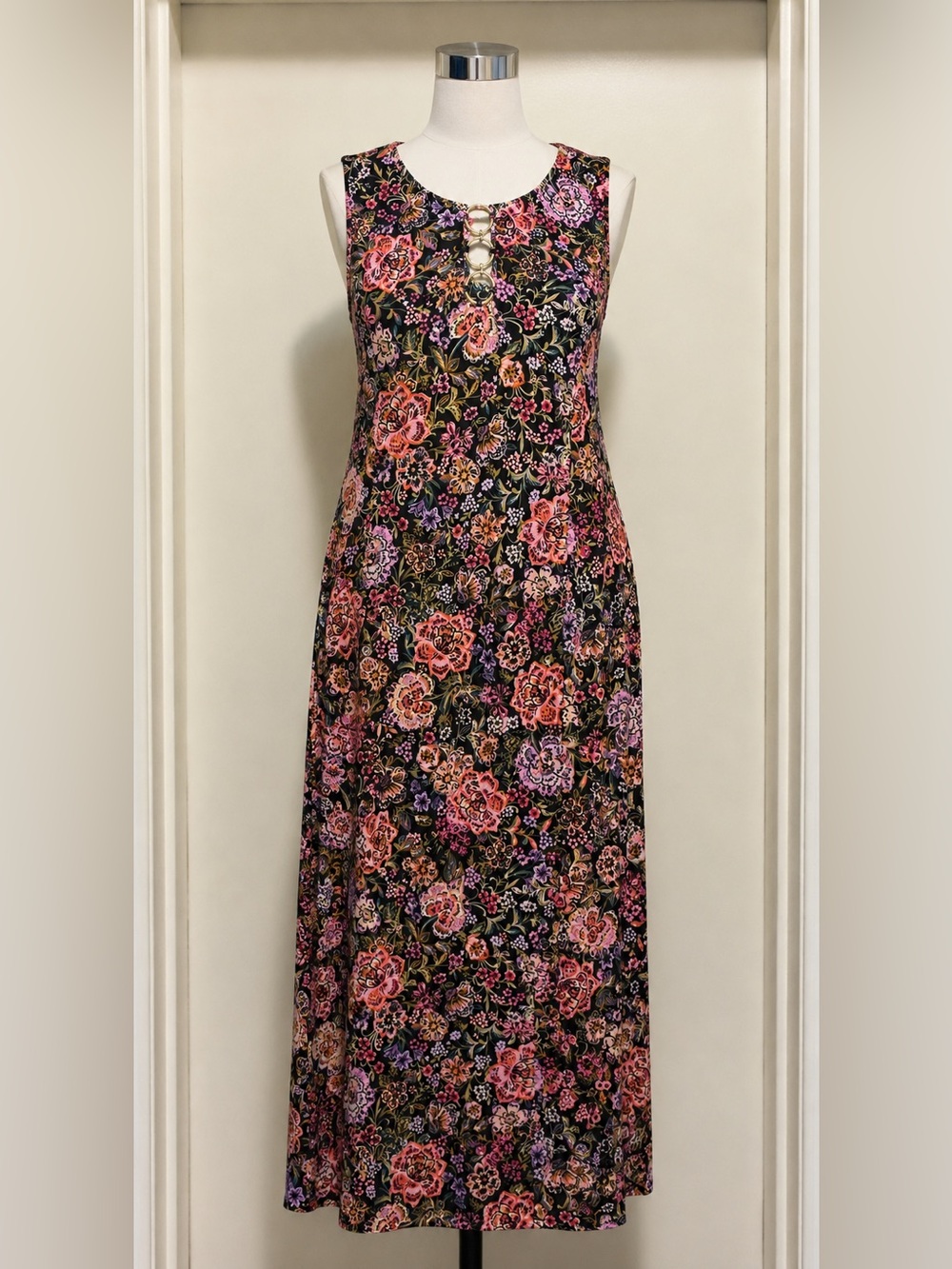 MSK Black Floral Top with Pink, Purple & Orange Blooms Size XL NWOT